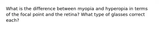 What is the difference between myopia and hyperopia in terms of the focal point and the retina? What type of glasses correct each?