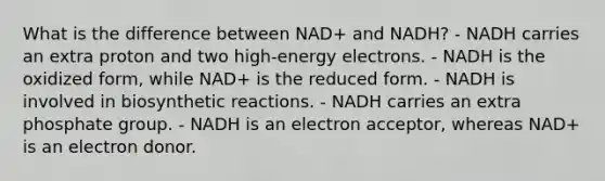 What is the difference between NAD+ and NADH? - NADH carries an extra proton and two high-energy electrons. - NADH is the oxidized form, while NAD+ is the reduced form. - NADH is involved in biosynthetic reactions. - NADH carries an extra phosphate group. - NADH is an electron acceptor, whereas NAD+ is an electron donor.