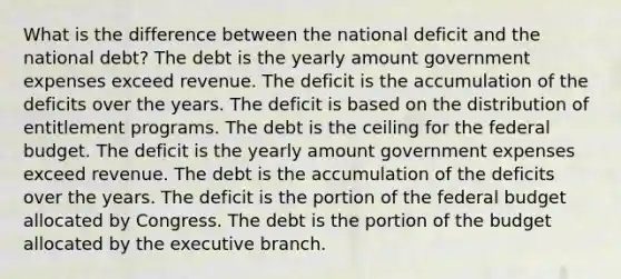 What is the difference between the national deficit and the national debt? The debt is the yearly amount government expenses exceed revenue. The deficit is the accumulation of the deficits over the years. The deficit is based on the distribution of entitlement programs. The debt is the ceiling for the federal budget. The deficit is the yearly amount government expenses exceed revenue. The debt is the accumulation of the deficits over the years. The deficit is the portion of the federal budget allocated by Congress. The debt is the portion of the budget allocated by the executive branch.