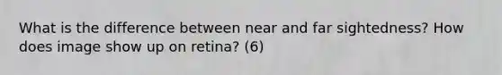 What is the difference between near and far sightedness? How does image show up on retina? (6)