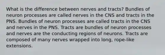 What is the difference between nerves and tracts? Bundles of neuron processes are called nerves in the CNS and tracts in the PNS. Bundles of neuron processes are called tracts in the CNS and nerves in the PNS. Tracts are bundles of neuron processes and nerves are the conducting regions of neurons. Tracts are composed of many nerves wrapped into long, rope-like extensions.