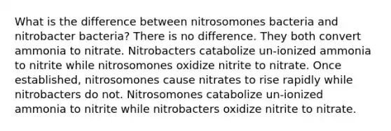 What is the difference between nitrosomones bacteria and nitrobacter bacteria? There is no difference. They both convert ammonia to nitrate. Nitrobacters catabolize un-ionized ammonia to nitrite while nitrosomones oxidize nitrite to nitrate. Once established, nitrosomones cause nitrates to rise rapidly while nitrobacters do not. Nitrosomones catabolize un-ionized ammonia to nitrite while nitrobacters oxidize nitrite to nitrate.