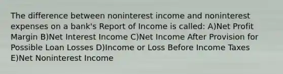 The difference between noninterest income and noninterest expenses on a bank's Report of Income is called: A)Net Profit Margin B)Net Interest Income C)Net Income After Provision for Possible Loan Losses D)Income or Loss Before Income Taxes E)Net Noninterest Income