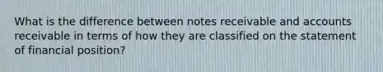What is the difference between notes receivable and accounts receivable in terms of how they are classified on the statement of financial position?