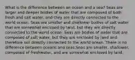 What is the difference between an ocean and a sea? Seas are larger and deeper bodies of water that are composed of both fresh and salt water, and they are directly connected to the world ocean. Seas are smaller and shallower bodies of salt water that are somewhat enclosed by land, but they are directly connected to the world ocean. Seas are bodies of water that are composed of salt water, but they are enclosed by land and therefore not directly connected to the world ocean. There is no difference between oceans and seas.Seas are smaller, shallower, composed of freshwater, and are somewhat enclosed by land.