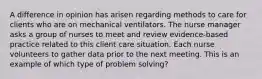 A difference in opinion has arisen regarding methods to care for clients who are on mechanical ventilators. The nurse manager asks a group of nurses to meet and review evidence-based practice related to this client care situation. Each nurse volunteers to gather data prior to the next meeting. This is an example of which type of problem solving?