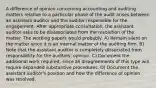 A difference of opinion concerning accounting and auditing matters relative to a particular phase of the audit arises between an assistant auditor and the auditor responsible for the engagement. After appropriate consultation, the assistant auditor asks to be disassociated from the resolution of the matter. The working papers would probably: A) Remain silent on the matter since it is an internal matter of the auditing firm. B) Note that the assistant auditor is completely dissociated from responsibility for the auditors' opinion. C) Document the additional work required, since all disagreements of this type will require expanded substantive procedures. D) Document the assistant auditor's position and how the difference of opinion was resolved.