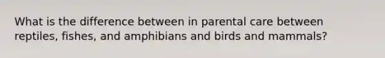 What is the difference between in parental care between reptiles, fishes, and amphibians and birds and mammals?