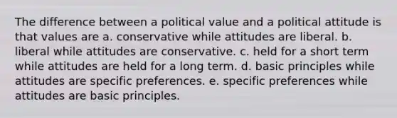 The difference between a political value and a political attitude is that values are a. conservative while attitudes are liberal. b. liberal while attitudes are conservative. c. held for a short term while attitudes are held for a long term. d. basic principles while attitudes are specific preferences. e. specific preferences while attitudes are basic principles.