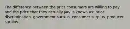 The difference between the price consumers are willing to pay and the price that they actually pay is known as: price discrimination. government surplus. consumer surplus. producer surplus.