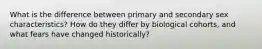 What is the difference between primary and secondary sex characteristics? How do they differ by biological cohorts, and what fears have changed historically?