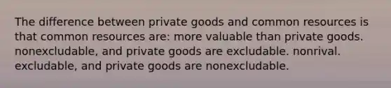 The difference between private goods and common resources is that common resources are: more valuable than private goods. nonexcludable, and private goods are excludable. nonrival. excludable, and private goods are nonexcludable.