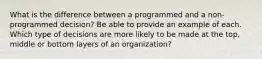 What is the difference between a programmed and a non-programmed decision? Be able to provide an example of each. Which type of decisions are more likely to be made at the top, middle or bottom layers of an organization?