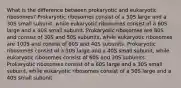 What is the difference between prokaryotic and eukaryotic ribosomes? Prokaryotic ribosomes consist of a 50S large and a 30S small subunit, while eukaryotic ribosomes consist of a 60S large and a 40S small subunit. Prokaryotic ribosomes are 80S and consist of 30S and 50S subunits, while eukaryotic ribosomes are 100S and consist of 60S and 40S subunits. Prokaryotic ribosomes consist of a 50S large and a 40S small subunit, while eukaryotic ribosomes consist of 60S and 30S subunits. Prokaryotic ribosomes consist of a 60S large and a 30S small subunit, while eukaryotic ribosomes consist of a 50S large and a 40S small subunit.