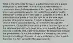 What is the difference between a public franchise and a public enterprise? A) Both refer to a service provided directly to consumers through the government, but "public franchise" is a term more commonly used in the United States while "public enterprise" is more commonly used in European countries. B) A public franchise grants a firm the right to be the sole legal provider of a good or service. A public enterprise refers to a service that is provided directly to consumers through the government. C) A public enterprise grants a firm the right to be the sole legal provider of a good or service. A public franchise refers to a service that is provided directly to consumers through the government. D) A public enterprise is owned by the public through its holdings of shares of stock in the enterprise. A public franchise is a firm owned by the government.