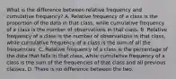 What is the difference between relative frequency and cumulative​ frequency? A. Relative frequency of a class is the proportion of the data in that​ class, while cumulative frequency of a class is the number of observations in that class. B. Relative frequency of a class is the number of observations in that​ class, while cumulative frequency of a class is the sum of all the frequencies. C. Relative frequency of a class is the percentage of the data that falls in that​ class, while cumulative frequency of a class is the sum of the frequencies of that class and all previous classes. D. There is no difference between the two.