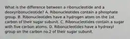 What is the difference between a ribonucleotide and a deoxyribonucleotide? A. Ribonucleotides contain a phosphate group. B. Ribonucleotides have a hydrogen atom on the 1st carbon of their sugar subunit. C. Ribonucleotides contain a sugar with five carbon atoms. D. Ribonucleotides have a hydroxyl group on the carbon no.2 of their sugar subunit.