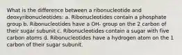 What is the difference between a ribonucleotide and deoxyribonucleotides: a. Ribonucleotides contain a phosphate group b. Ribonucleotides have a OH- group on the 2 carbon of their sugar subunit c. Ribonucleotides contain a sugar with five carbon atoms d. Ribonucleotides have a hydrogen atom on the 1 carbon of their sugar subunit.