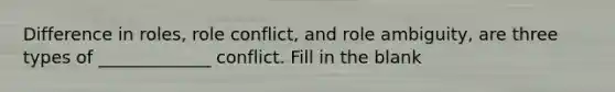 Difference in roles, role conflict, and role ambiguity, are three types of _____________ conflict. Fill in the blank