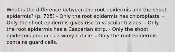 What is the difference between the root epidermis and the shoot epidermis? (p. 725) - Only the root epidermis has chloroplasts. - Only the shoot epidermis gives rise to vascular tissues. - Only the root epidermis has a Casparian strip. - Only the shoot epidermis produces a waxy cuticle. - Only the root epidermis contains guard cells.