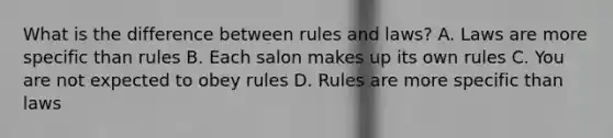 What is the difference between rules and laws? A. Laws are more specific than rules B. Each salon makes up its own rules C. You are not expected to obey rules D. Rules are more specific than laws