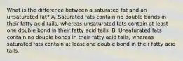 What is the difference between a saturated fat and an unsaturated fat? A. Saturated fats contain no double bonds in their fatty acid tails, whereas unsaturated fats contain at least one double bond in their fatty acid tails. B. Unsaturated fats contain no double bonds in their fatty acid tails, whereas saturated fats contain at least one double bond in their fatty acid tails.