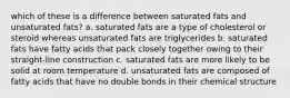 which of these is a difference between saturated fats and unsaturated fats? a. saturated fats are a type of cholesterol or steroid whereas unsaturated fats are triglycerides b. saturated fats have fatty acids that pack closely together owing to their straight-line construction c. saturated fats are more likely to be solid at room temperature d. unsaturated fats are composed of fatty acids that have no double bonds in their chemical structure