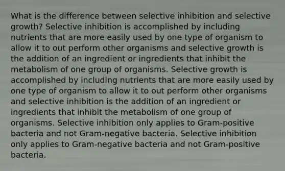 What is the difference between selective inhibition and selective growth? Selective inhibition is accomplished by including nutrients that are more easily used by one type of organism to allow it to out perform other organisms and selective growth is the addition of an ingredient or ingredients that inhibit the metabolism of one group of organisms. Selective growth is accomplished by including nutrients that are more easily used by one type of organism to allow it to out perform other organisms and selective inhibition is the addition of an ingredient or ingredients that inhibit the metabolism of one group of organisms. Selective inhibition only applies to Gram-positive bacteria and not Gram-negative bacteria. Selective inhibition only applies to Gram-negative bacteria and not Gram-positive bacteria.