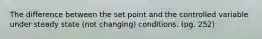 The difference between the set point and the controlled variable under steady state (not changing) conditions. (pg. 252)
