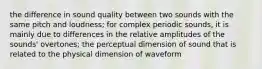 the difference in sound quality between two sounds with the same pitch and loudness; for complex periodic sounds, it is mainly due to differences in the relative amplitudes of the sounds' overtones; the perceptual dimension of sound that is related to the physical dimension of waveform