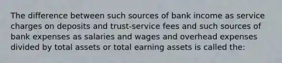 The difference between such sources of bank income as service charges on deposits and trust-service fees and such sources of bank expenses as salaries and wages and overhead expenses divided by total assets or total earning assets is called the: