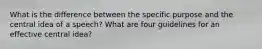 What is the difference between the specific purpose and the central idea of a speech? What are four guidelines for an effective central idea?