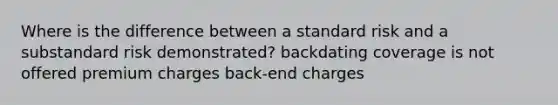 Where is the difference between a standard risk and a substandard risk demonstrated? backdating coverage is not offered premium charges back-end charges