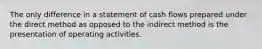 The only difference in a statement of cash flows prepared under the direct method as opposed to the indirect method is the presentation of operating activities.