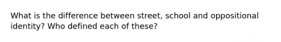 What is the difference between street, school and oppositional identity? Who defined each of these?