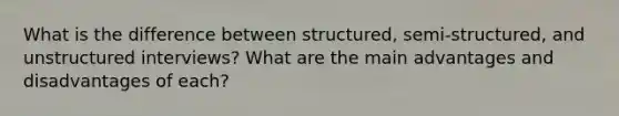 What is the difference between structured, semi-structured, and unstructured interviews? What are the main advantages and disadvantages of each?