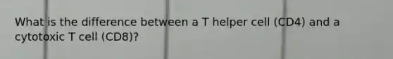 What is the difference between a T helper cell (CD4) and a cytotoxic T cell (CD8)?