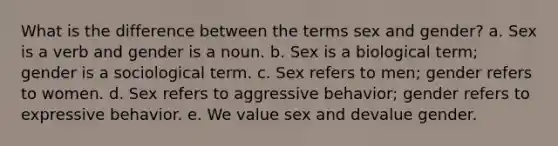 What is the difference between the terms sex and gender? a. Sex is a verb and gender is a noun. b. Sex is a biological term; gender is a sociological term. c. Sex refers to men; gender refers to women. d. Sex refers to aggressive behavior; gender refers to expressive behavior. e. We value sex and devalue gender.