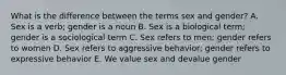 What is the difference between the terms sex and gender? A. Sex is a verb; gender is a noun B. Sex is a biological term; gender is a sociological term C. Sex refers to men; gender refers to women D. Sex refers to aggressive behavior; gender refers to expressive behavior E. We value sex and devalue gender