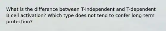 What is the difference between T-independent and T-dependent B cell activation? Which type does not tend to confer long-term protection?