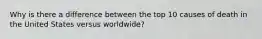 Why is there a difference between the top 10 causes of death in the United States versus worldwide?