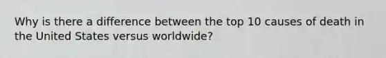 Why is there a difference between the top 10 causes of death in the United States versus worldwide?