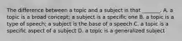 The difference between a topic and a subject is that _______. A. a topic is a broad concept; a subject is a specific one B. a topic is a type of speech; a subject is the base of a speech C. a topic is a specific aspect of a subject D. a topic is a generalized subject