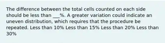 The difference between the total cells counted on each side should be less than ___%. A greater variation could indicate an uneven distribution, which requires that the procedure be repeated. Less than 10% Less than 15% Less than 20% Less than 30%