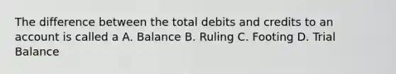 The difference between the total debits and credits to an account is called a A. Balance B. Ruling C. Footing D. Trial Balance