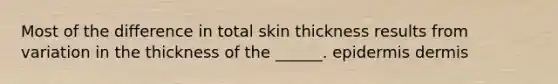 Most of the difference in total skin thickness results from variation in the thickness of the ______. epidermis dermis