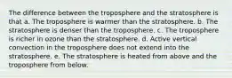 The difference between the troposphere and the stratosphere is that a. The troposphere is warmer than the stratosphere. b. The stratosphere is denser than the troposphere. c. The troposphere is richer in ozone than the stratosphere. d. Active vertical convection in the troposphere does not extend into the stratosphere. e. The stratosphere is heated from above and the troposphere from below.