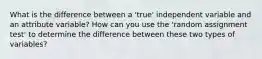 What is the difference between a 'true' independent variable and an attribute variable? How can you use the 'random assignment test' to determine the difference between these two types of variables?