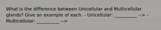 What is the difference between Unicellular and Multicellular glands? Give an example of each. - Unicellular: __________ --> - Multicellular: __________ -->