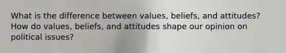 What is the difference between values, beliefs, and attitudes? How do values, beliefs, and attitudes shape our opinion on political issues?